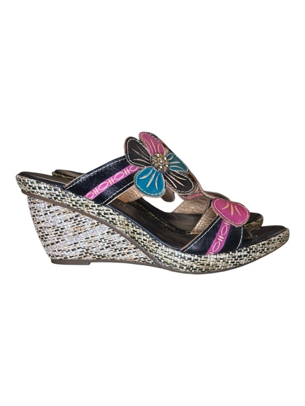 Spring Step Largo Pink & Teal Floral Wedge Sandals - Picture 2 of 11